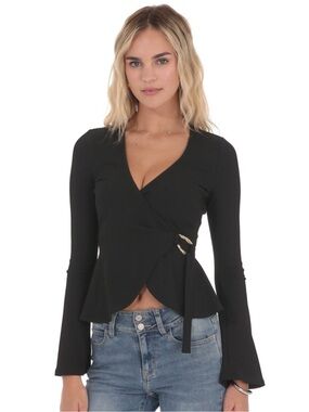 Lucy in the Sky Black Wrap Peplum Long-Sleeve Top with Side Tie